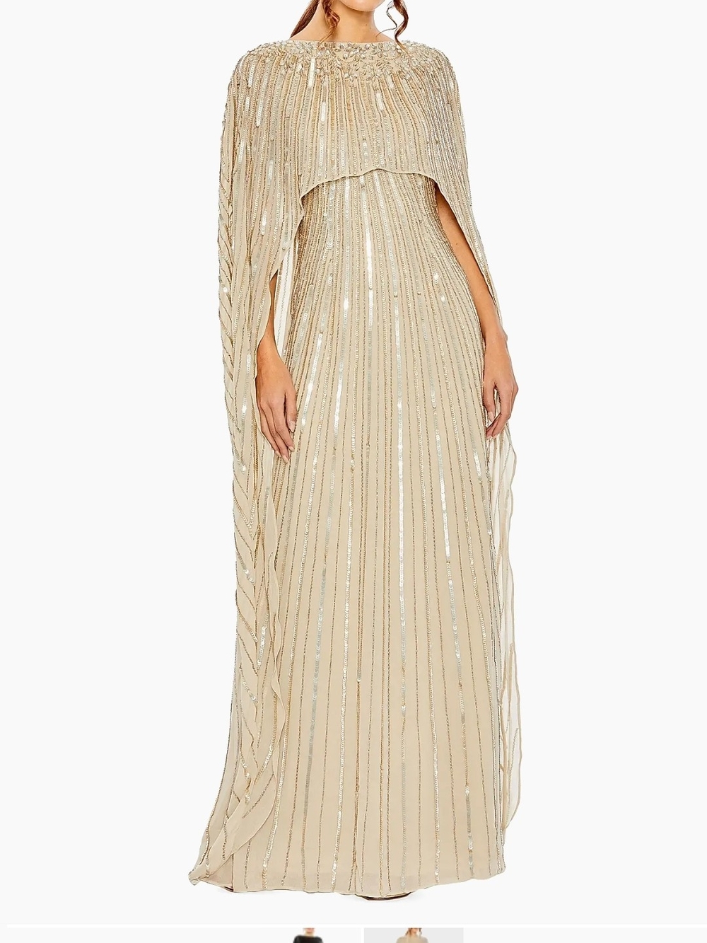 Mac Duggal Champagne Sequin Cape Gown